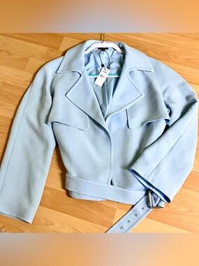 Express Light Blue Women's Soft Cropped Jacket with Low Belt: Medium
